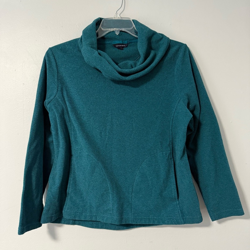 Lands’‎ End Cowl Neck Fleece Pullover Top Teal Green L  14-16 Girls